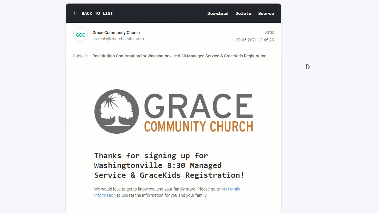 Thanks for signing up for Washingtonville 8:30 managed service & GraceKids Registration.